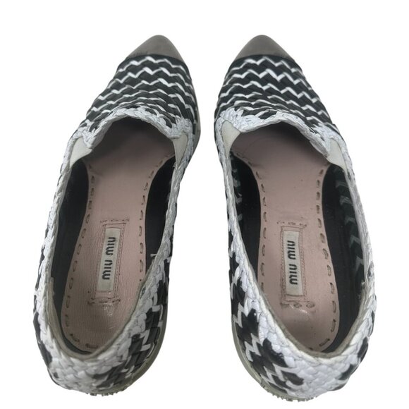 Rare Miu Miu Black & White Woven Leather Metal Cap Toe Slip On Sneakers Size 9 - Picture 5 of 14
